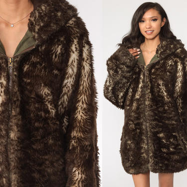 Men's Faux Fur Coat HOODED Parka Jacket 70s Boho Mod Hippie Brown Hoodie Coat 1970s Vintage Bohemian Fuzzy Hood Coat Furry Extra Large xl 