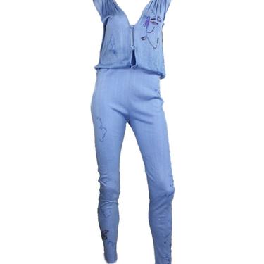 1970's Jumpsuit Light Blue Jersey with Butterfly Motif