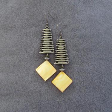Mother of pearl earrings, shell statement earrings, bohemian earrings, bold earrings, mid century modern, yellow earrings, tribal bronze 