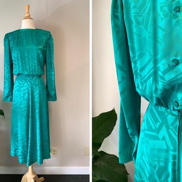 Vintage 1980s Emerald Green Geometric Bias Cut Dress | Size M/L 