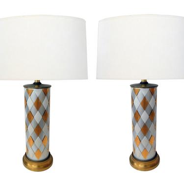 Tall Pair of American 1960's Cylindrical-form Harlequin Cased Glass Lamps