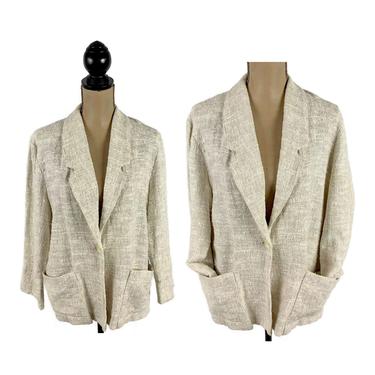 70s 80s Oversized Blazer Medium Women, Rayon Cotton Flax, Oatmeal Tweed Ecru Jacket, Casual Clothes Vintage Clothing, Union Made in the USA 
