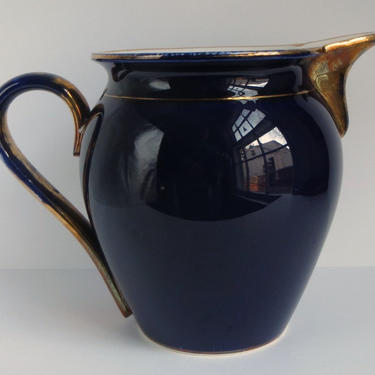 Antique Waechtersbach Pitcher / German Flow Blue / Cobalt Blue / Ceramic / Gold / Earthenware / 19th Century 