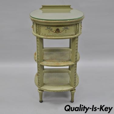 Antique French Louis XVI Style Green Painted Nightstand Bedside Table Cane Shelf