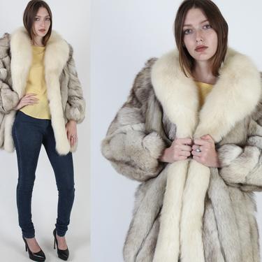 SAGA Cream Fox Fur Jacket / Womens Arctic Apres Ski Coat / Chubby Plush Swirl Sleeves / Suede Panel Inlay 