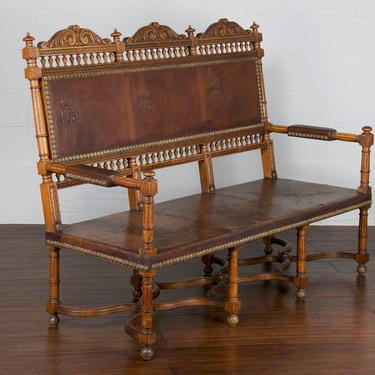Early 19th Century French Renaissance Henry II Walnut Bench W/ Hand Tooled Original Leather 