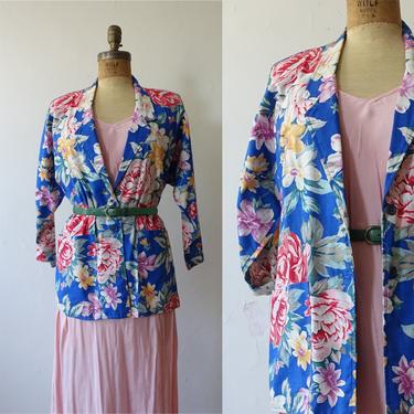 Vintage 90s Cotton Floral Spring Blazer/ 1990s Dark Floral Unlined Jacket with Patch Pockets/ Size Medium 