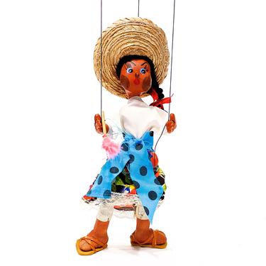 VINTAGE: 1940's - Mexican Oilcloth Marionette Doll - Handmade Marionette Puppet - Mexican Folk Art - Hand Painted Dolls - SKU 28-C3-00012928 