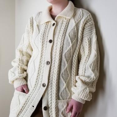 Vintage Fisherman's Sweater, Extra Large / Chunky Knit Cardigan Sweater / Neutral Ivory Cable Knit Sweater / Hand Knit Oversized Sweater 