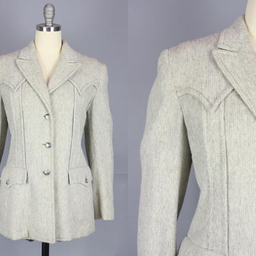 1950s Western Jacket | Vintage 50s 'Lasso Western Wear' Grey Wool Coat | small / medium 