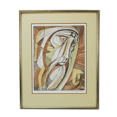 Mid-Century Modernist Cubist Color Woodcut “Daniel” by Irving Amen 