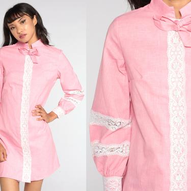 Mod Shift Dress 60s Mini Pink Lace Balloon Sleeve Dress Vintage 70s Bow Party Button Up Hippie Minidress Twiggy Long Sleeve Small Medium 
