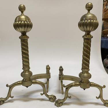 Pair of Brass Belted Ball-top and Spiral Turned Clawfoot Andirons 