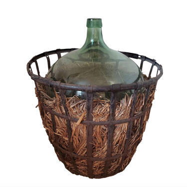 Monumental Antique French Green Blown Glass Demijohn &amp; Vintner Iron Basket - Wine Making - Beer Brewing Carboy Bottle - 19th century 