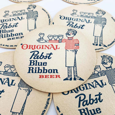 Vintage Pabst Blue Ribbon Coasters PBR Round Paper Cardboard Bar Coasters Barware Set of Sixteen (16) Milwaukee Wisconsin 1960s 60s 