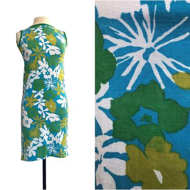 Vintage 60s Hawaiian floral print sheath dress in blue white green and light mossy green by Kay Windsor Juniors| summer day dress 