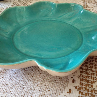 Vintage Flower shaped bowl turquoise/aqua gloss and white- marked  Los Angeles Pottery 13 1/3&amp;quot; Diameter 