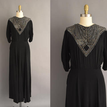 vintage 30s dress - rare jet black rayon crepe silver beaded full length cocktail party wedding dress - Size Large - 1930s dress 