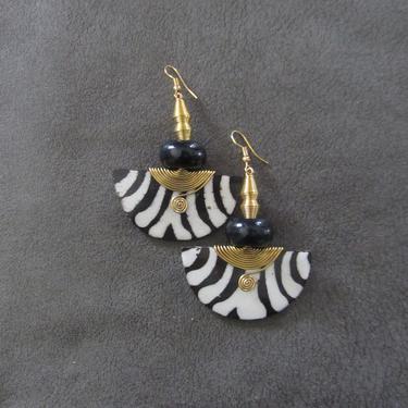 African earrings, brass and bone horn earrings, wire wrapped earrings, batik print Afrocentric earrings, fan earrings, ethnic bohemian 