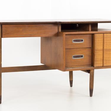 Mainline by Hooker Mid Century Single Sided Walnut and Rattan Floating Desk with Display Shelf - mcm 