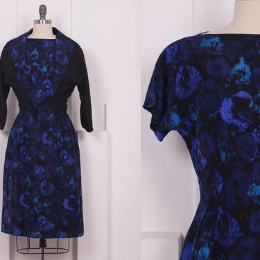 Vintage 1960's Silk Black &amp; Royal Blue Floral Dress Set • 60's Watercolor Dress Set • Size M 