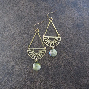 Long brass earrings, mid century modern earrings, minimalist earrings, simple unique artisan earrings, gypsy earrings, mother of pearl green 