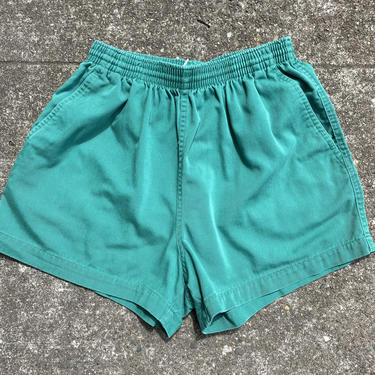 90’s 100% cotton high waisted sports shorts~ elastic drawstring waist with pockets~ gym shorts activewear~  size 4-6 washed out green 