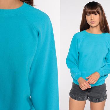 Turquoise Blue Sweatshirt Raglan Sleeve Crewneck Sweatshirt 80s Plain Long Sleeve Shirt Slouchy Vintage 1980s Sweat Shirt Small S by ShopExile