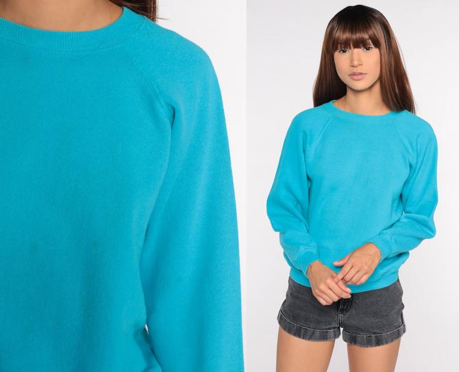 Turquoise Blue Sweatshirt Raglan Sleeve Crewneck Sweatshirt 80s Plain Long Sleeve Shirt Slouchy Vintage 1980s Sweat Shirt Small S 