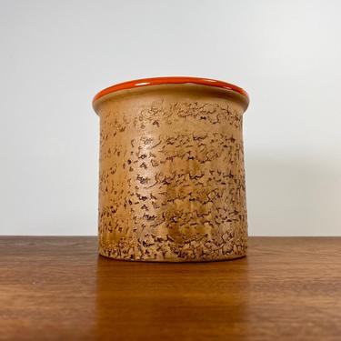 Small Italian midcentury cache pot planter / funky orange and brown faux bois ceramic pot 