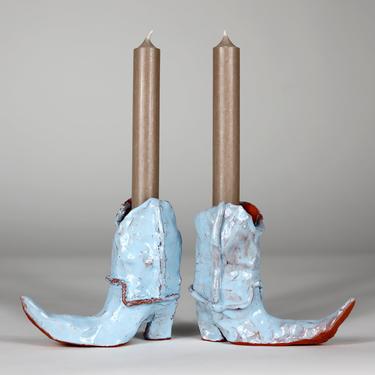 Cowboy Hot Legs Candlesticks by Laura Welker, Light Blue