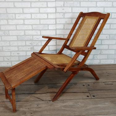 Children's Wood Folding Steamer Ship Deck Chair Lounge Chair with Caned Seat 