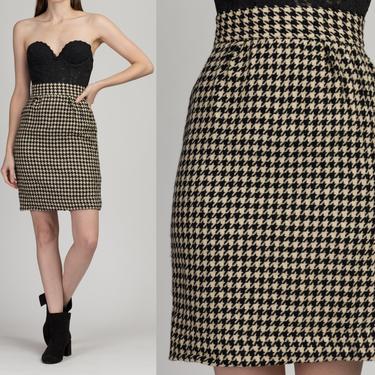 Vintage Houndstooth Wool Mini Skirt - Extra Small, 24&amp;quot; | 90s Black &amp; White High Waist Retro Pencil Skirt 