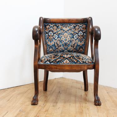Antique Walnut American Empire Library Chair- Blue Floral Brocade 