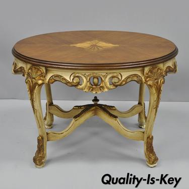 Antique French Louis XV Small Oval Coffee Table Satinwood Inlaid Cream Painted