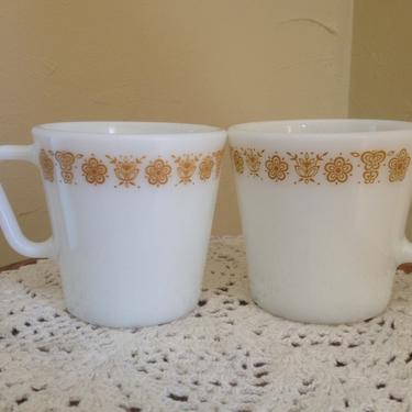Vintage Pair of Pyrex Gold Butterfly Milk Glass coffee cups 