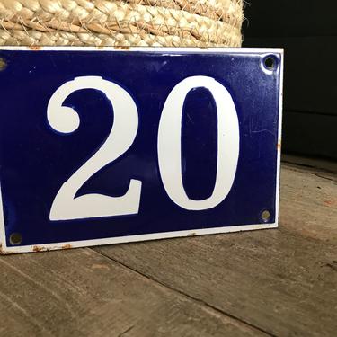 French Enamel Sign, Street Address Sign, Cobalt Blue White Traditional House Number 20 
