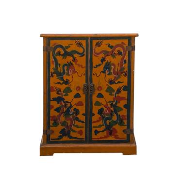 Chinese Distressed Yellow Dragons Graphic Small Side Table Cabinet cs7110E 