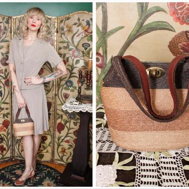 1940s Handbag // Color-block Woven Straw Bag // vintage 40s purse 