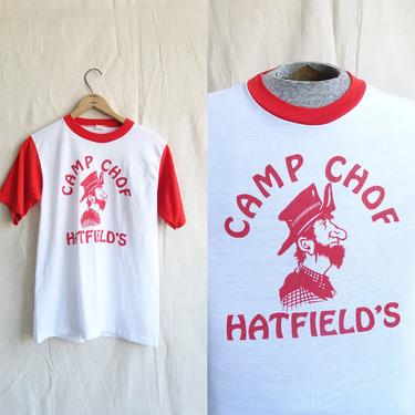 Vintage 70s Camp Chof Two Tone T Shirt/ 1970s Christian Church Camp Red White Graphic T/ 50/50 single stitch/ Size Medium 