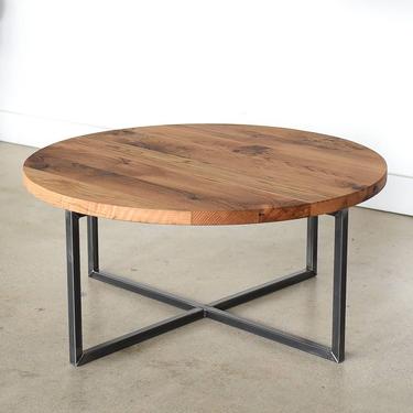 Round Coffee Table / Reclaimed Wood + Metal Base Coffee Table / Industrial Modern Coffee Table 