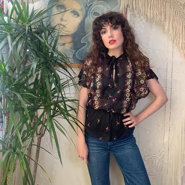 70's FLORAL BLOUSE - black - batwing - ties - small 