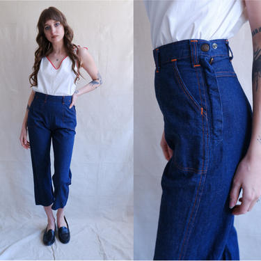 Vintage 50s Side Zip Denim/ 1950s High Waisted Flat Front Cropped Jeans with Contrast Stitching/ Blue Gem Cone Denim/ Size 25 26 