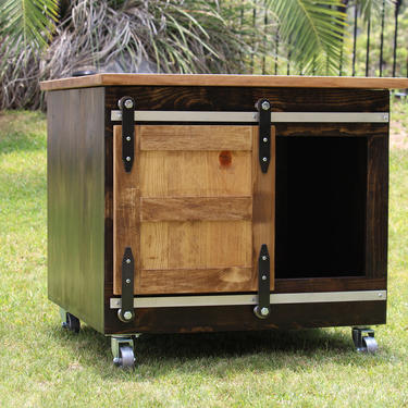 Rustic Cat Litter Box Storage w/ flip up top - Sliding barn doors / Custom Cat Home / Kitty Litter/ Unique / Rustic Pet/ Pet furniture 