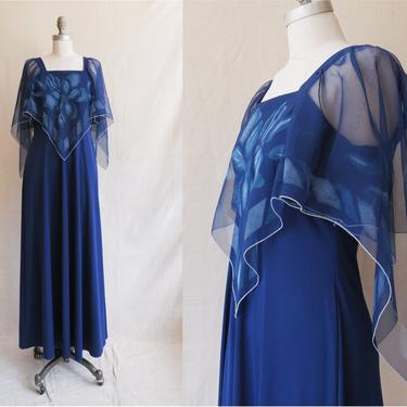 Vintage 70s Hand Painted Scarf Top Dress/ 1970s Navy Blue Floral Sheer Flutter Sleeve Maxi Dress/ Size Medium 