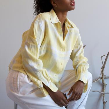 light yellow plaid linen shirt / S M L 