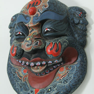 Vintage Wooden Chinese Buddha Mask, Blue Red Hand Painted Asian Mask, Creepy Scary Wangfujing Street, Beijing 