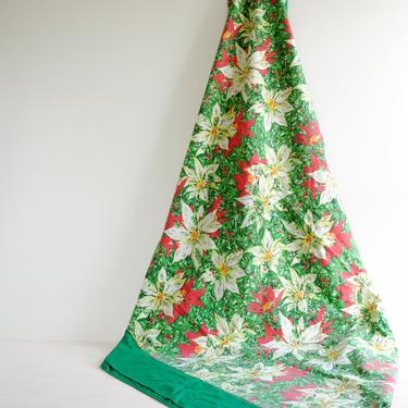 Vintage Christmas Tablecloth, Poinsettia Tablecloth in Red, Green, and White, 124&quot; x 60&quot; / 10 ft x 5 ft 