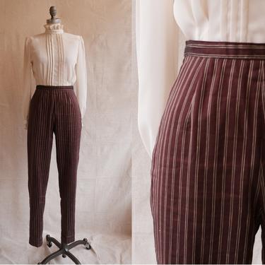 Vintage 90s Pinstripe Cigarette Trousers/ 1990s High Waisted Maroon Gold Peg Leg Pants/ Size 26 small 