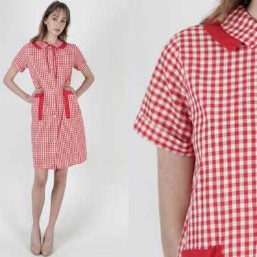 Vintage 50s Red Gingham Dress / Cute Americana Picnic Dress / 1950s White Checkered Dress / Plaid House Party Pockets Shift Mini 